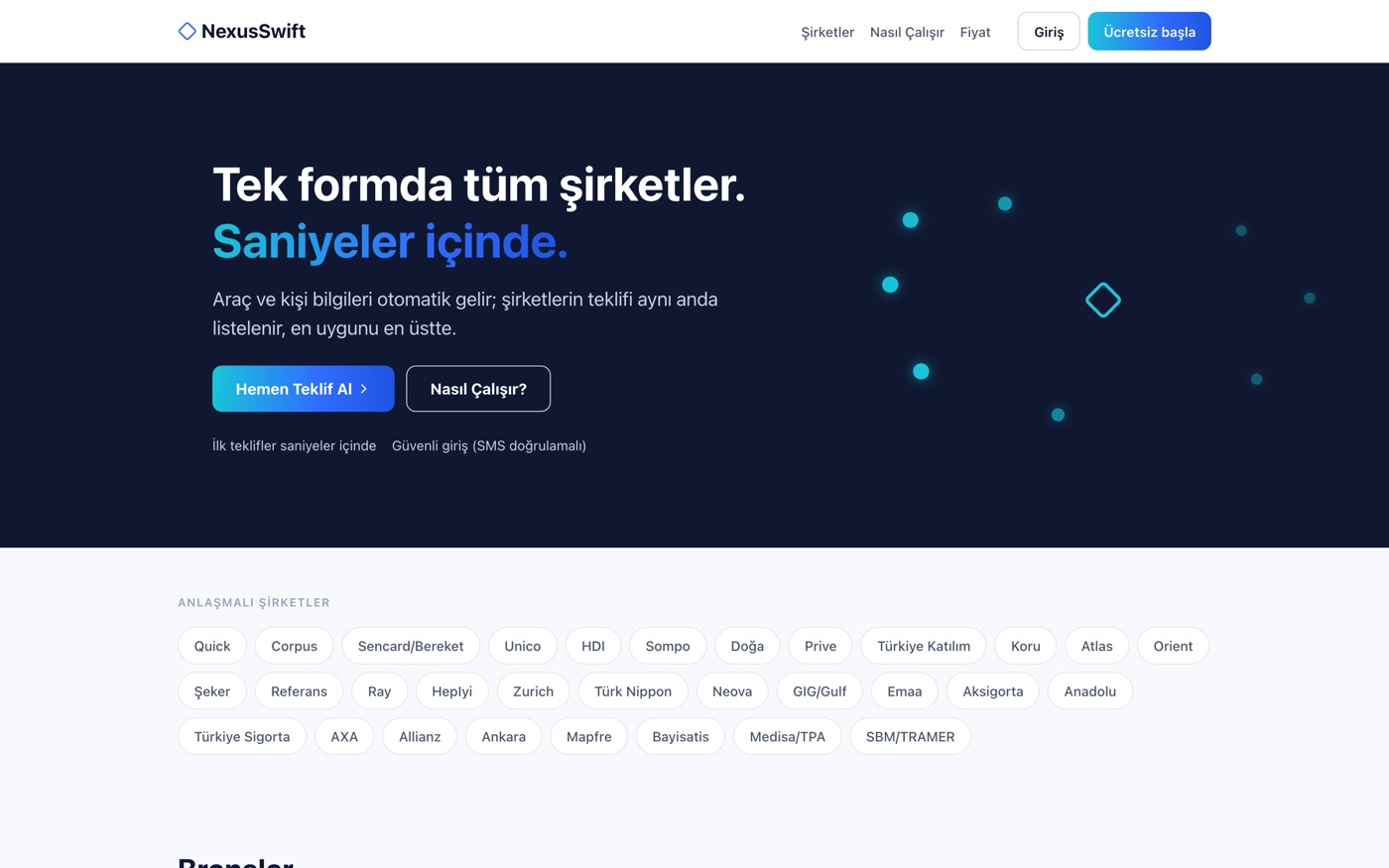 NexusHizliTeklif — tek formda tüm şirketler ekranı ve anlaşmalı sigorta şirketleri listesi